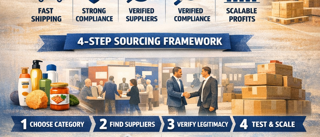 USA wholesale suppliers Amazon guide infographic showing 4-step sourcing framework, verified US distributors, fast shipping, compliance documents, and scalable FBA profits