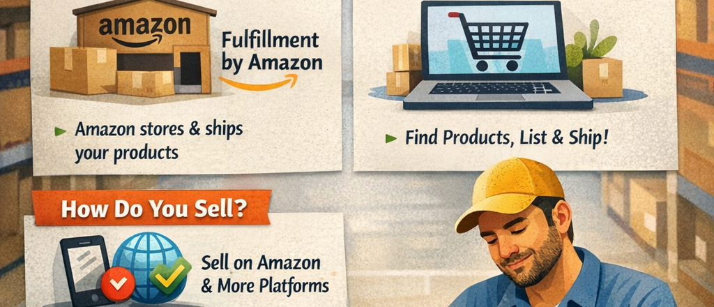 "how to do amazon fba and sell things online step by step guide with fba meaning illustration"