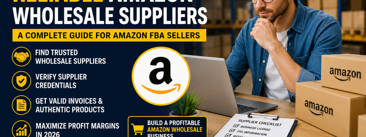 How to Find Reliable Amazon Wholesale Suppliers guide showing an Amazon FBA seller researching trusted wholesale suppliers, verifying supplier credentials, invoices, and profitable sourcing strategies.