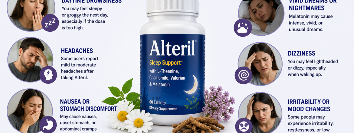 "Alteril side effects infographic showing common sleep supplement reactions and safety information"